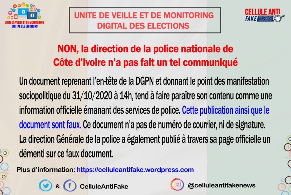Non, la Direction de la police nationale de Côte d’Ivoire n’a pas fait un tel communiqué